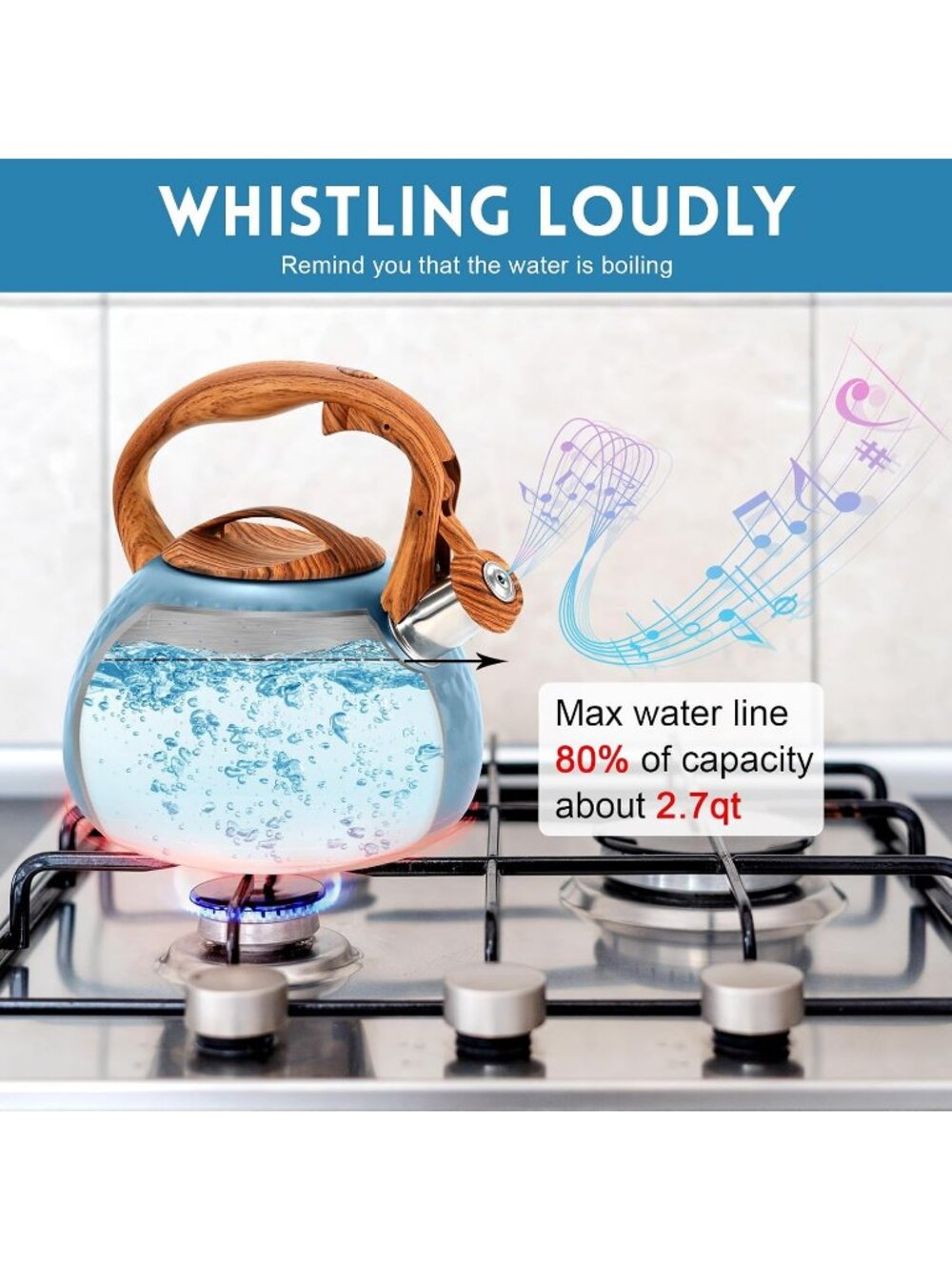 GGC 3.1QT DiamondBlue Stainless Steel Whistling Tea Kettle For Kitchen Stove Top - Picture 4 of 6